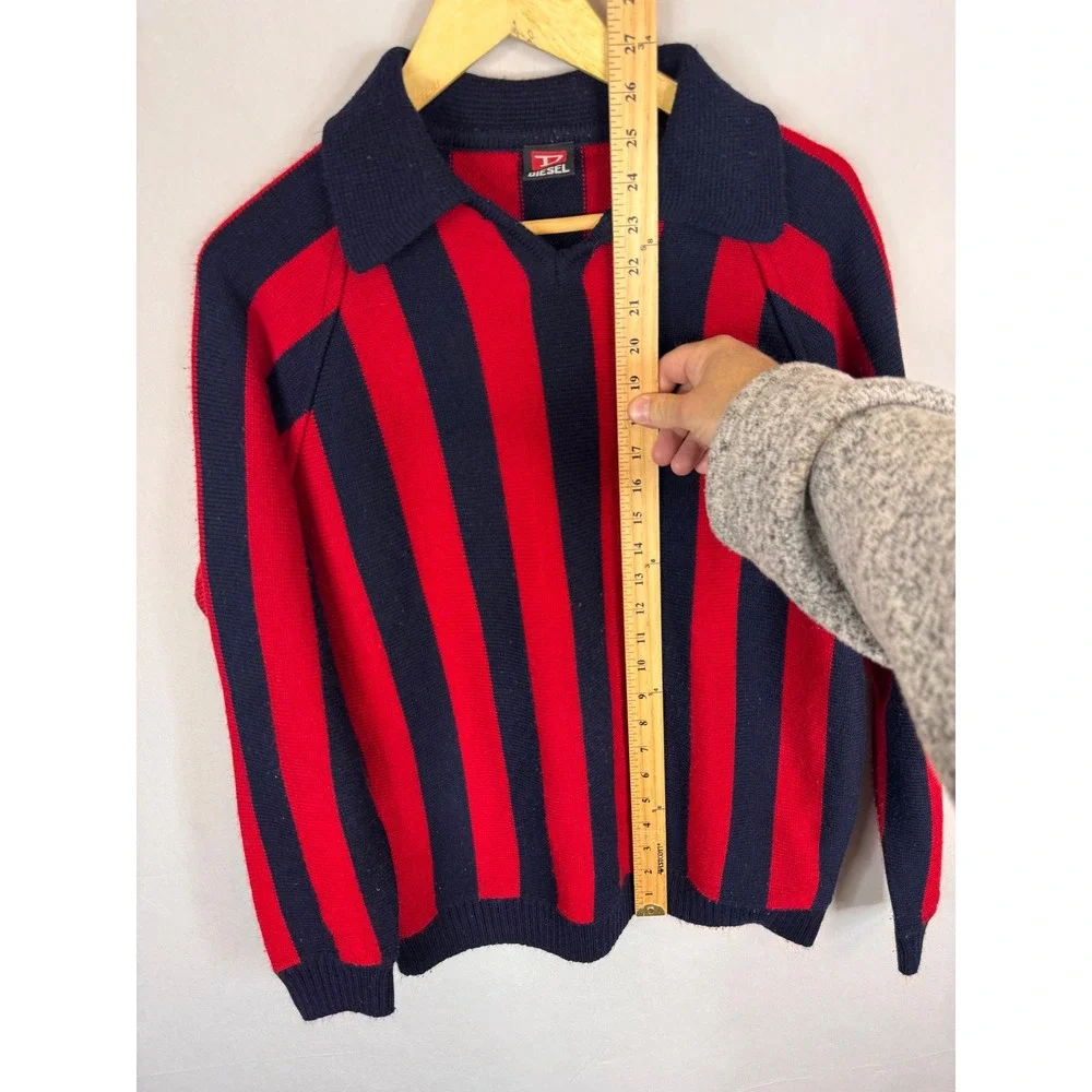 Diesel Red Navy‎ Blue Vertical Stripe Polo Collar Knit Sweater Men M AC Milan